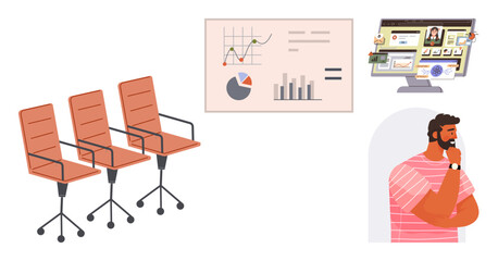 Three office chairs, man pondering, data chart with graphs and metrics, and online workspace on monitor. Ideal for business planning, decision-making, analytics, teamwork, job market innovation