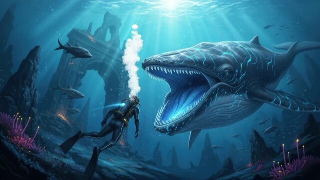diver encounters colossal bioluminescent whale-like creature with an open glowing mouth in an ancient underwater world Sunbeams penetrate the deep blue sea illuminating ruins and coral