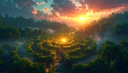 A verdant labyrinth bathed in the warm glow of a sunset