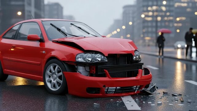 red two-door car extensively damaged sits on wet urban street after collision Its hood is crumpled bumper missing and left headlight broken with scattered debris Rainy cityscape with pedestrians