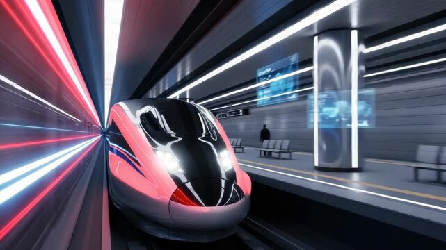 sleek futuristic high-speed train black and silver with red and blue light trails speeds through modern brightly lit subway tunnel A grey platform with benches is visible