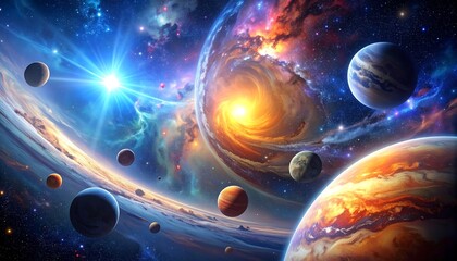 A vibrant cosmic illustration featuring planets and stellar phenomena