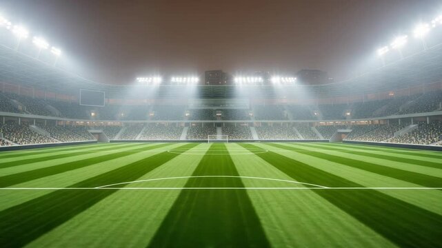 vast brightly lit sports stadium at night showcasing meticulously striped green pitch under powerful floodlights Multi-tiered stands are filled with an audience electric atmosphere