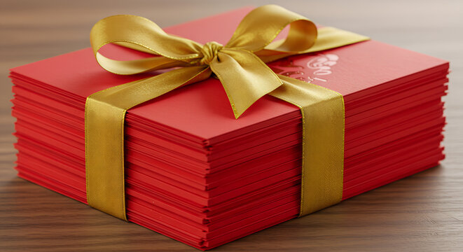 Stack of red envelopes tied with golden silk ribbon on wooden surface