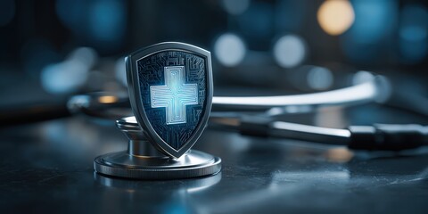 Professional healthcare shield symbol representing health protection, medical safety, hospital services, insurance, medical equipment, treatment, emergency response, and wellness