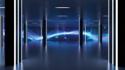 futuristic dimly lit corridor with reflective floors and dark pillars featuring vertical white neon lights Abstract blue-purple wavy data streams glow on the walls vibrant high-tech ambiance - Powered by Adobe