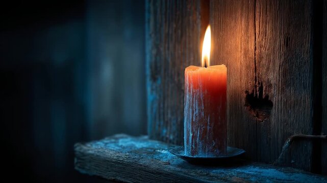 Burning candle illuminates rustic wooden surface in dim environment