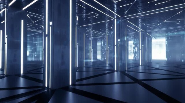 dark futuristic chamber featuring rows of glowing vertical white light strips on pillars and intricate linear patterns on the ceiling Geometric dark tiles cover the reflective floor deep luminous pers