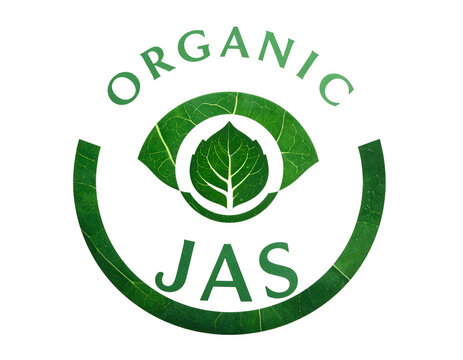 Circular symbol with leaf design, the word "organic" and "JAS" text, green on black