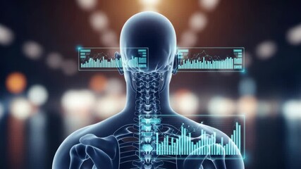translucent human figure viewed from behind displays skeletal details Multiple glowing blue holographic interfaces with bar and line graphs visualize data against blurred urban light background - Powered by Adobe