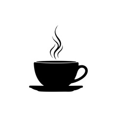 Silhouette of a steaming hot beverage in a cup with a saucer, presented in a minimalist black and white design.