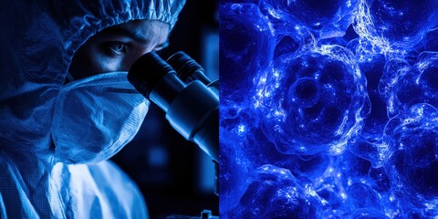 Advanced scientific research laboratory with microscope and cellular analysis showcasing innovative biology, medical, biotech, and healthcare technology for scientific discovery