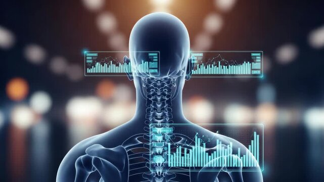 translucent human figure viewed from behind displays skeletal details Multiple glowing blue holographic interfaces with bar and line graphs visualize data against blurred urban light background