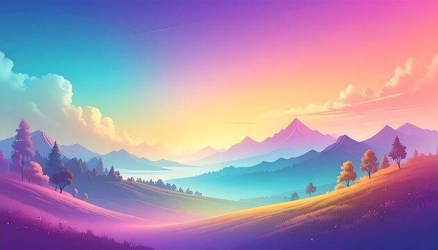A vibrant, pastel-colored landscape featuring rolling hills and mountains