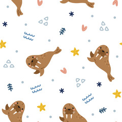 Playful Walrus Pattern on White Background with Star and Wave Motifs