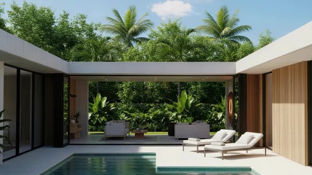 Modern tropical villa with sparkling pool two white lounge chairs and an open patio with seating Dense green foliage tall palm trees and bright blue sky form luxurious serene outdoor oasis