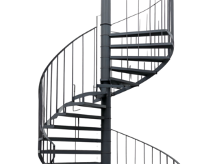 Dark gray, metallic spiral staircase isolated against a black background