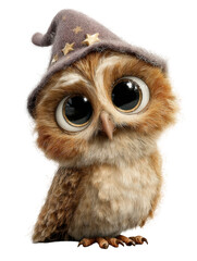 Naklejka premium Cute fluffy baby owl wearing a wizard hat isolated on transparent background
