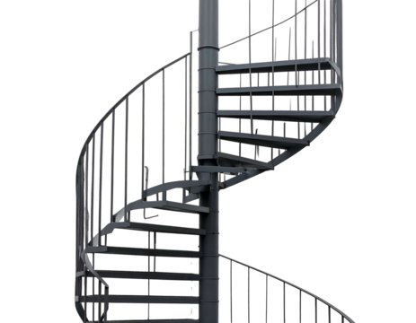 Dark gray, metallic spiral staircase isolated against a black background