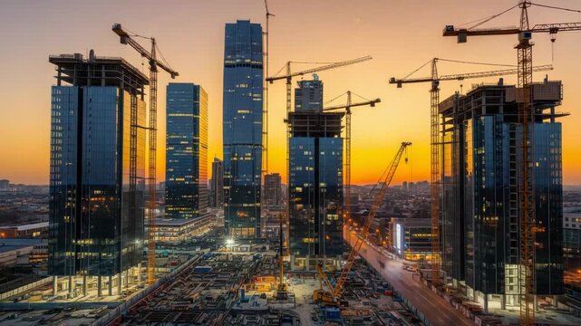 Vast urban construction at sunset Numerous towering glass skyscrapers some complete others with visible frames rise amidst active cranes A busy road cuts through the sprawling illuminated ground-level
