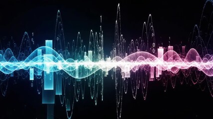Vibrant digital sound wave visualization with glowing blue white and pink gradients across dark background Features dynamic bar graphs scattered binary digits and subtle interconnected network data - Powered by Adobe