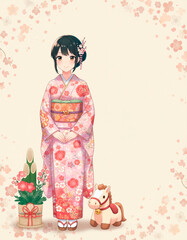 コピースペースを設けたお正月イラスト。和服の女子高生と門松。そして干支の馬のぬいぐるみ。