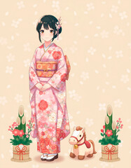 コピースペースを設けたお正月イラスト。和服の女子高生と門松。そして干支の馬のぬいぐるみ。