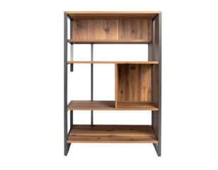 Modern wooden bookcase with a metal frame, isolated against a black background