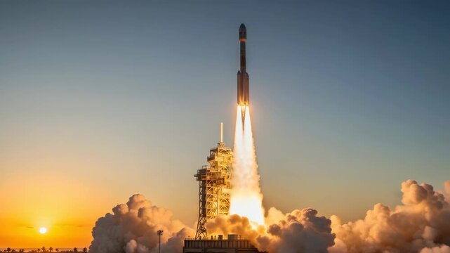 tall multi-stage rocket ascends powerfully from its launchpad during sunset with bright orange flames and immense white exhaust plumes billowing around the structure against gradient sky