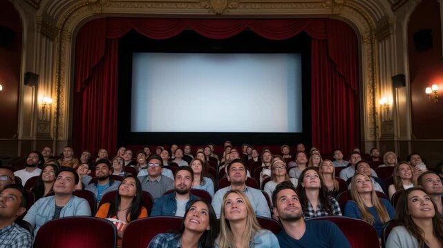 diverse audience fills grand theater seated in red plush chairs all looking up intently at large blank screen framed by opulent red curtains Ornate gold details adorn the walls