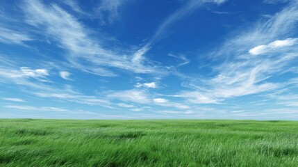 Obraz premium Endless green grass field under a vast blue sky with swirling white clouds