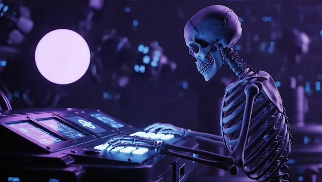 A skeleton sitting at a computer workstation on Halloween night with purple lighting.