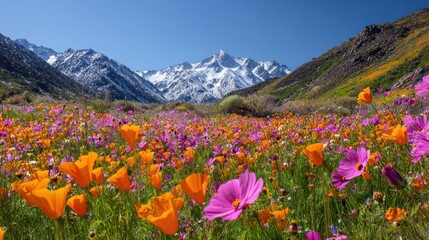 Expansive Wildflower Valley with Snow- Dusted Mountains