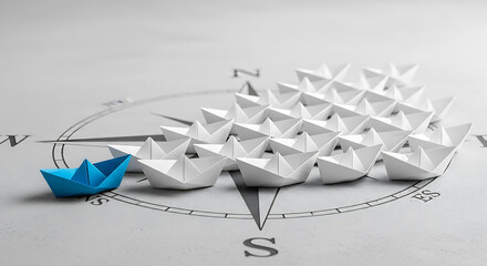 Stand out from the crowd with innovative ideas and strategic direction, one blue paper boat leading white paper boats across a compass representing leadership and vision