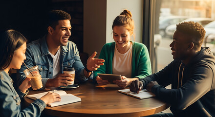 Energetic young professionals collaborating on innovative ideas at a sunlit cafe, sharing coffee and tablets in a vibrant and optimistic workspace perfect for teamwork and creativity