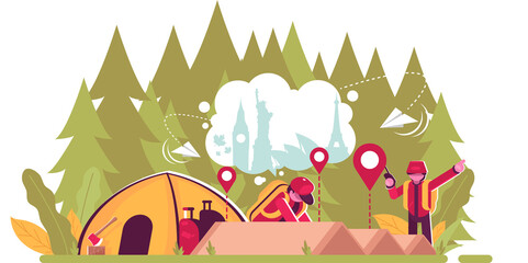 Camping Adventure with Tent and Forest Scenery in Transparent Background Flat Design Illustration Vector Graphic
