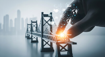 Building strategic business connections with a modern bridge concept for global success, showcasing partnership and growth with digital network solutions for corporate innovation