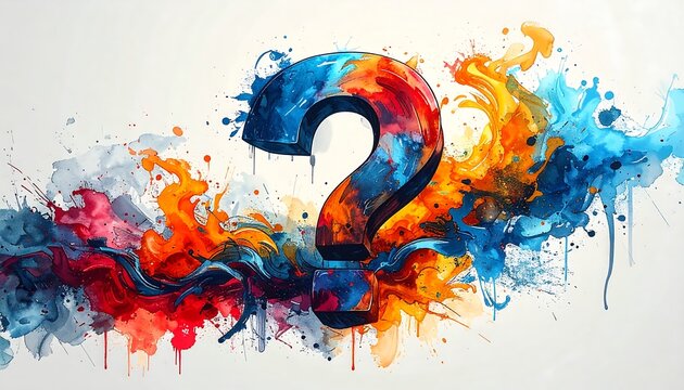 A vivid watercolor rendering of a large question mark with a colorful background - Powered by Adobe