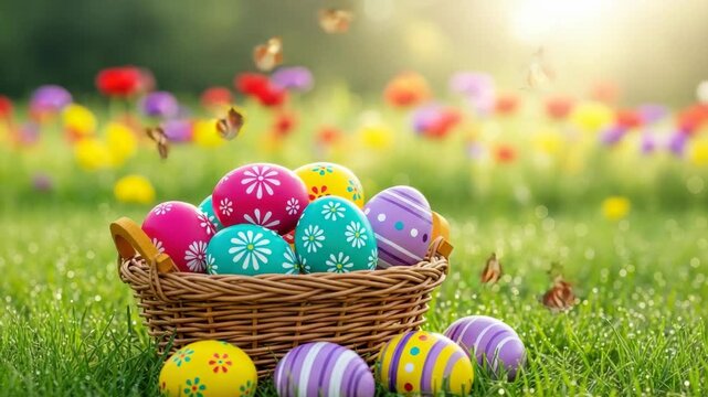 wicker basket filled with vibrant patterned eggs sits on dewy green grass More decorated eggs are scattered nearby Butterflies flutter amidst blurred colorful flowers in bright sunny field