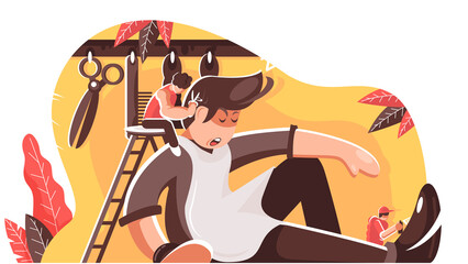 Illustration of Barber Shop Scene with Man in Striped Shirt and Scissors Against Yellow Background on Transparent Backdrop Pixel Art Style