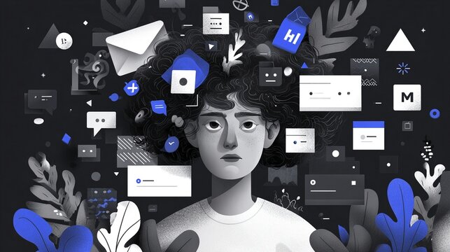 a boy with curly hair surrounded by colorful icons and shapes