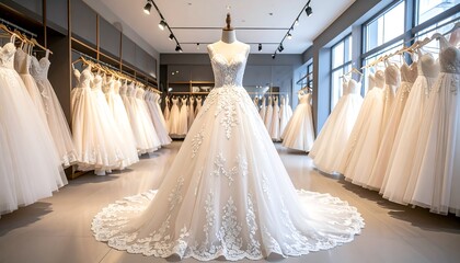 A wedding dress on a mannequin in a boutique