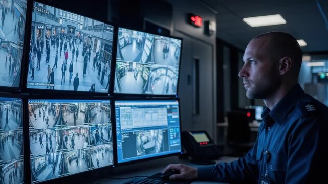 vigilant officer in dimly lit control room intently watches multi-screen surveillance feeds These monitors display live camera views of busy urban pedestrian zones and data analytics highlighting acti
