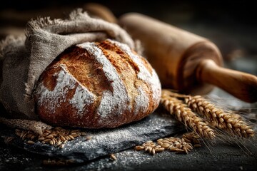 A freshly baked sourdough loaf with wheat on a wooden surface