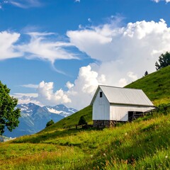 Obraz premium A white barn sits on a grassy hillside under a vibrant blue sky