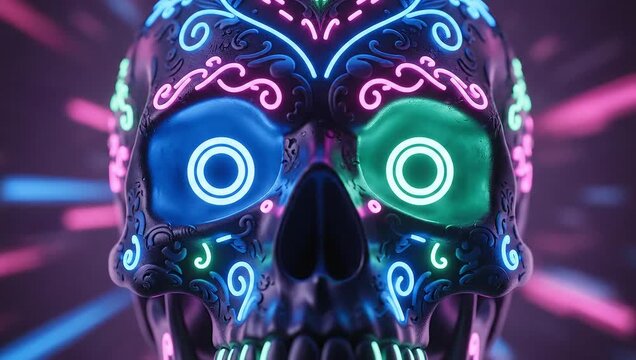 Close-up of a vibrant, neon-lit sugar skull with blue and green eyes on a dark background with pink and blue lights, celebrating Halloween.