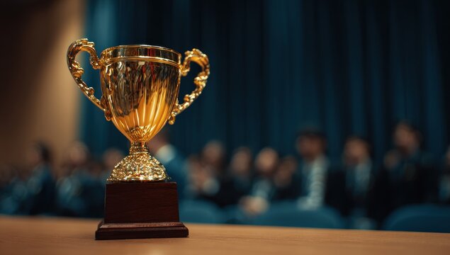 Gleaming golden trophy sits proudly on a table before a blurred audience - Powered by Adobe