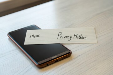 A phone face down with privacy matters message on a table