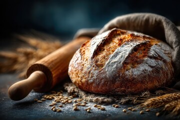 Artisanal sourdough bread loaf with scoring and flour dusting