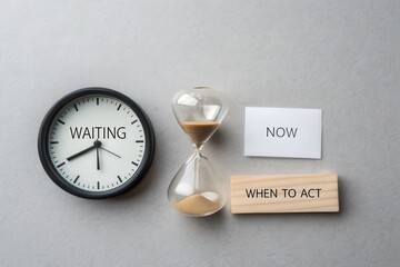 An hourglass and a clock representing waiting and NOW